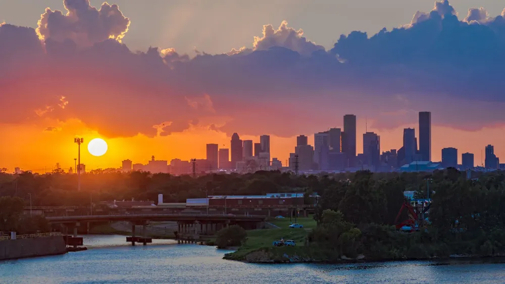sunset over houston skyline.